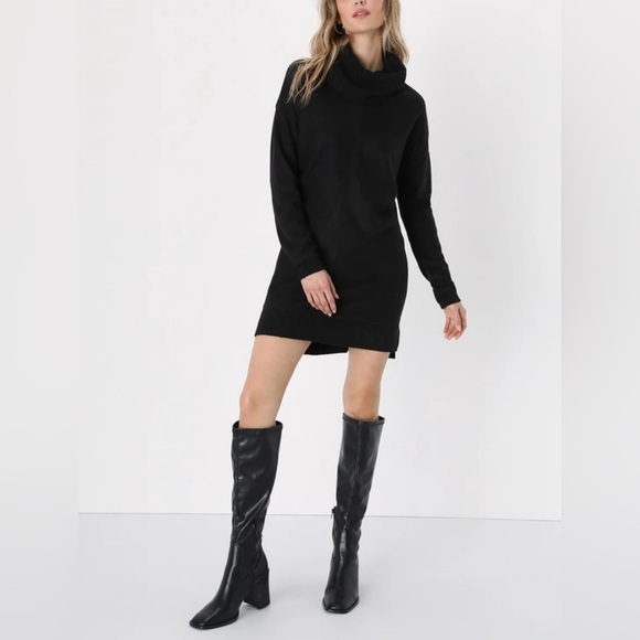 NWT Lulus Autumn Daze Black Cowl Neck Long Sleeve Sweater Dress - Size L - Picture 3 of 15